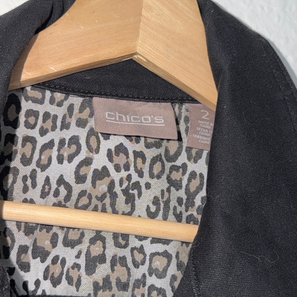 Chicos Black Denim Jacket w/ animal print accents Sz. L (2) - Picture 3 of 7